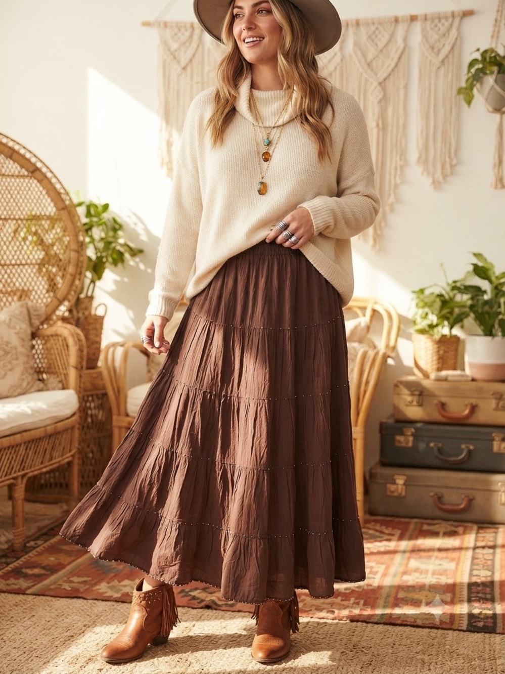 Boho Bohemian Tiered Cotton Maxi Skirt | Chocolate Brown Beaded Prairie Earthy